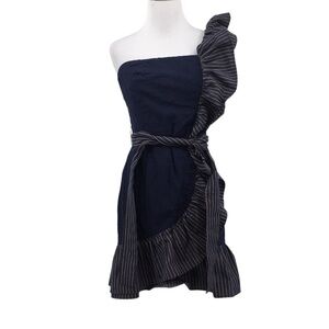 Venus Blue Ruffle Striped One Shoulder Mini Sheath Dress Small Cha Cha Y2K